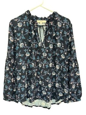 LOFT Black Floral Ruffle-Neck Blouse